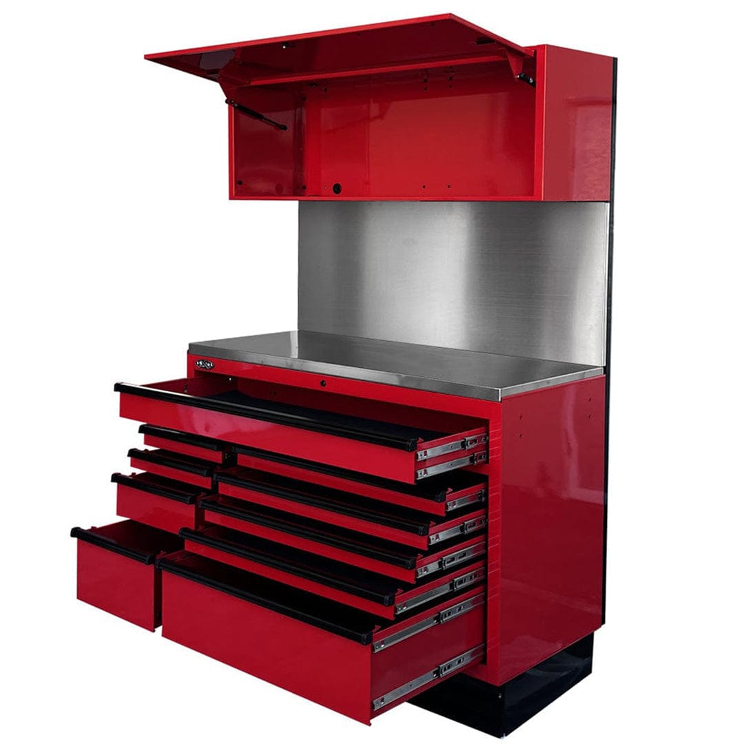 Maxim Pro Series 54” Workstation - 54” Roll cabinet, 54” Top chest, 54” Splashback +/- Stainless Steel Top MAXIM 54” Red 10 Drawer Workstation Roll Cabinet, Splashback & Top Shelf