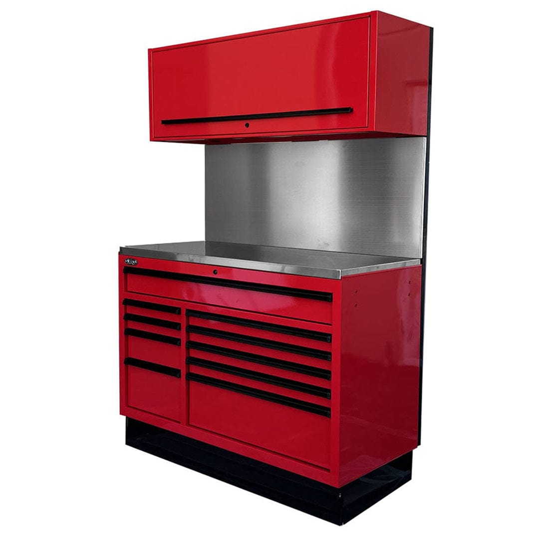 Maxim Pro Series 54” Workstation - 54” Roll cabinet, 54” Top chest, 54” Splashback +/- Stainless Steel Top MAXIM 54” Red 10 Drawer Workstation Roll Cabinet, Splashback & Top Shelf