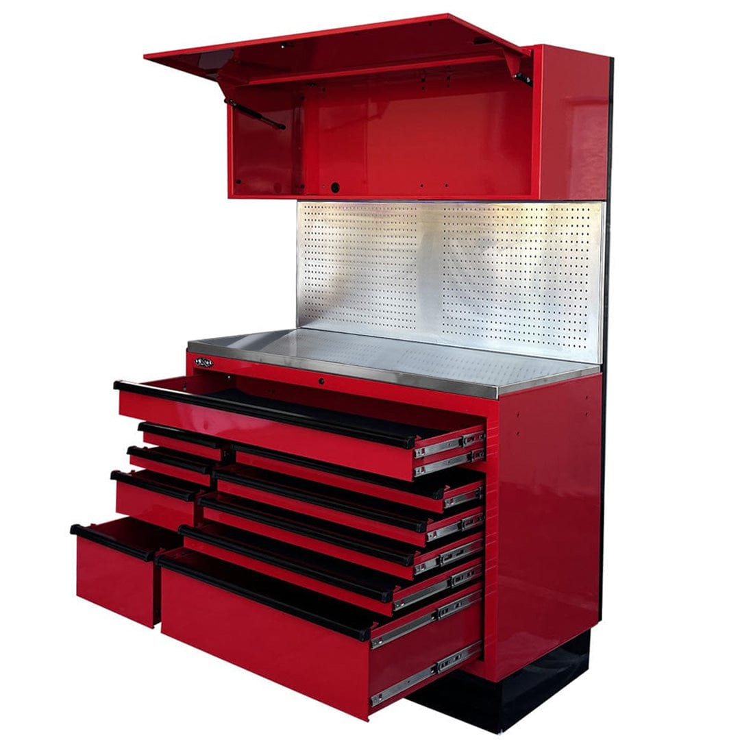 Maxim Pro Series 54” Workstation - 54” Roll cabinet, 54” Top chest, 54” Splashback +/- Stainless Steel Top MAXIM 54” Red 10 Drawer Workstation Roll Cabinet, Splashback & Top Shelf