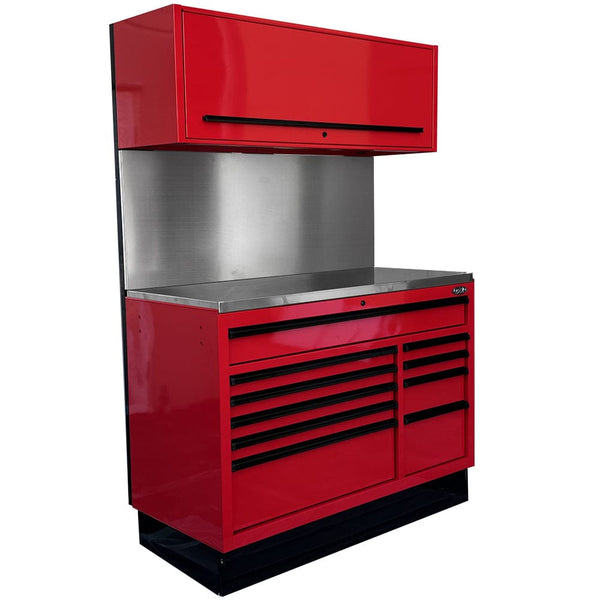 Maxim Pro Series 54” Workstation - 54” Roll cabinet, 54” Top chest, 54” Splashback +/- Stainless Steel Top MAXIM 54” Workstation with 10 Drawers, Splashback, Top Cabinet