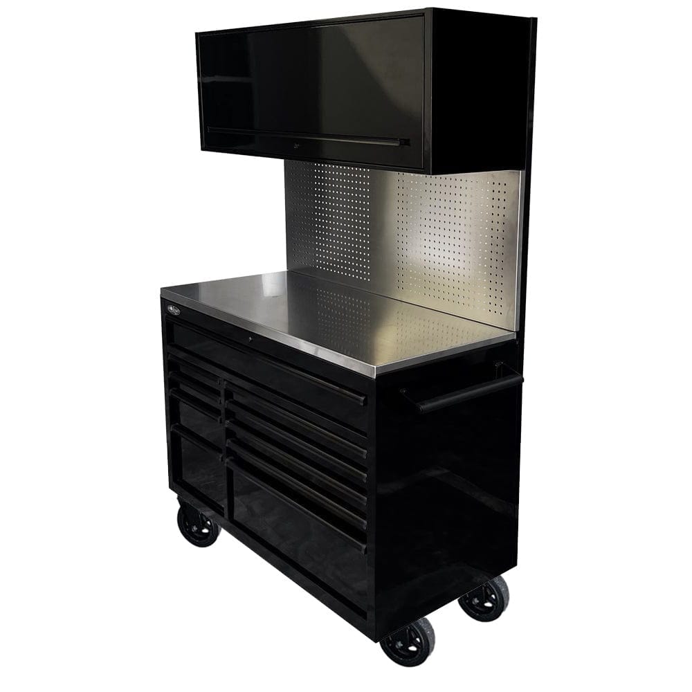 Maxim Pro Series 54” Workstation - 54” Roll cabinet, 54” Top chest, 54” Splashback +/- Stainless Steel Top Peg Board MAXIM 54” Black 10 Drawer Workstation on Wheels