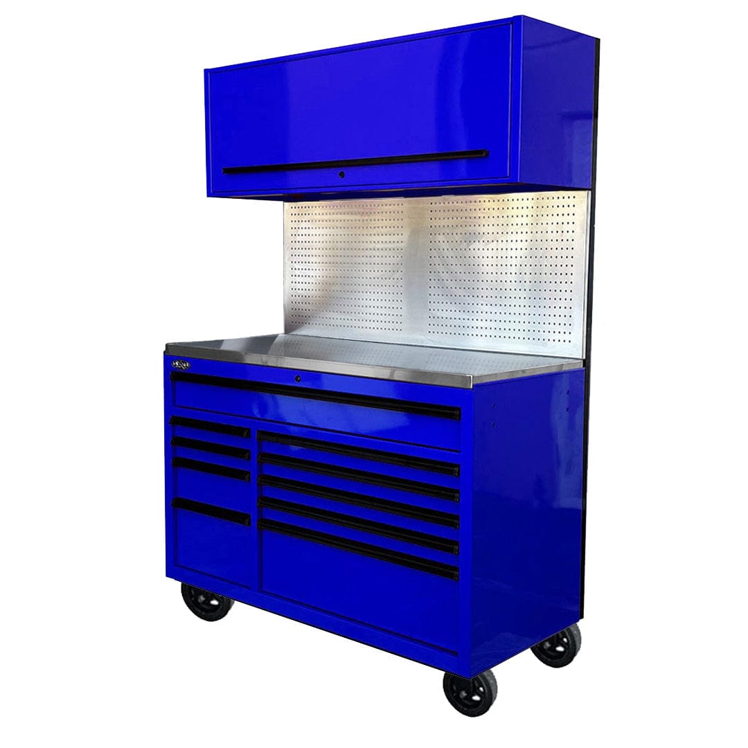 Maxim Pro Series 54” Workstation - 54” Roll cabinet, 54” Top chest, 54” Splashback +/- Stainless Steel Top Peg Board MAXIM 54” Blue 10 Drawer Workstation on Wheels