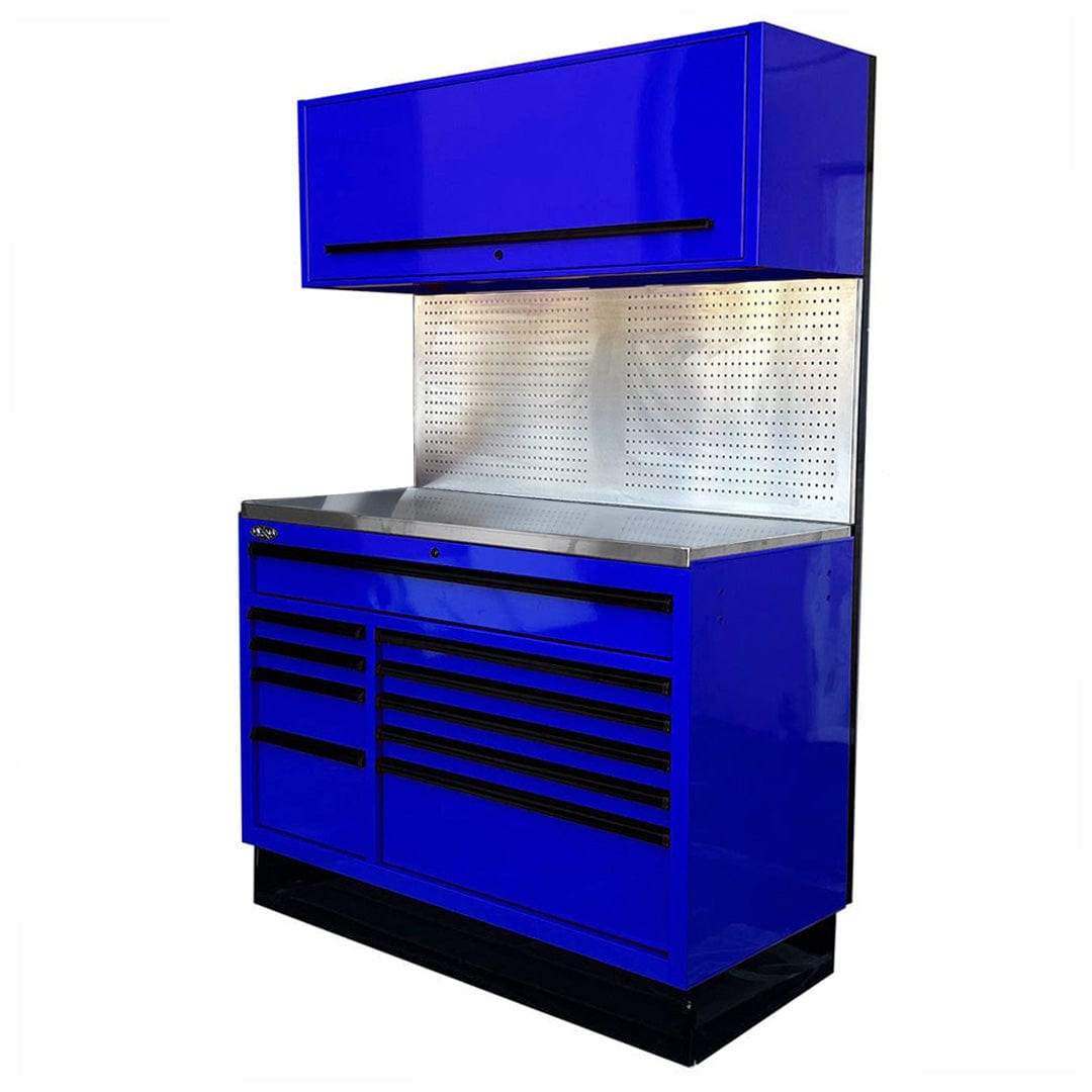Maxim Pro Series 54” Workstation - 54” Roll cabinet, 54” Top chest, 54” Splashback +/- Stainless Steel Top Peg Board MAXIM 54” Blue 10 Drawer Workstation Roll Cabinet, Splashback & Top Shelf