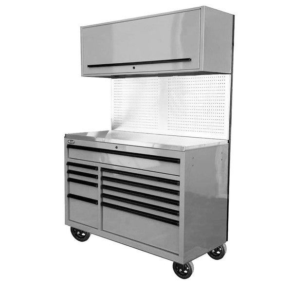 Maxim Pro Series 54” Workstation - 54” Roll cabinet, 54” Top chest, 54” Splashback +/- Stainless Steel Top Peg Board MAXIM 54” Nardo Grey 10 Drawer Workstation on Wheels