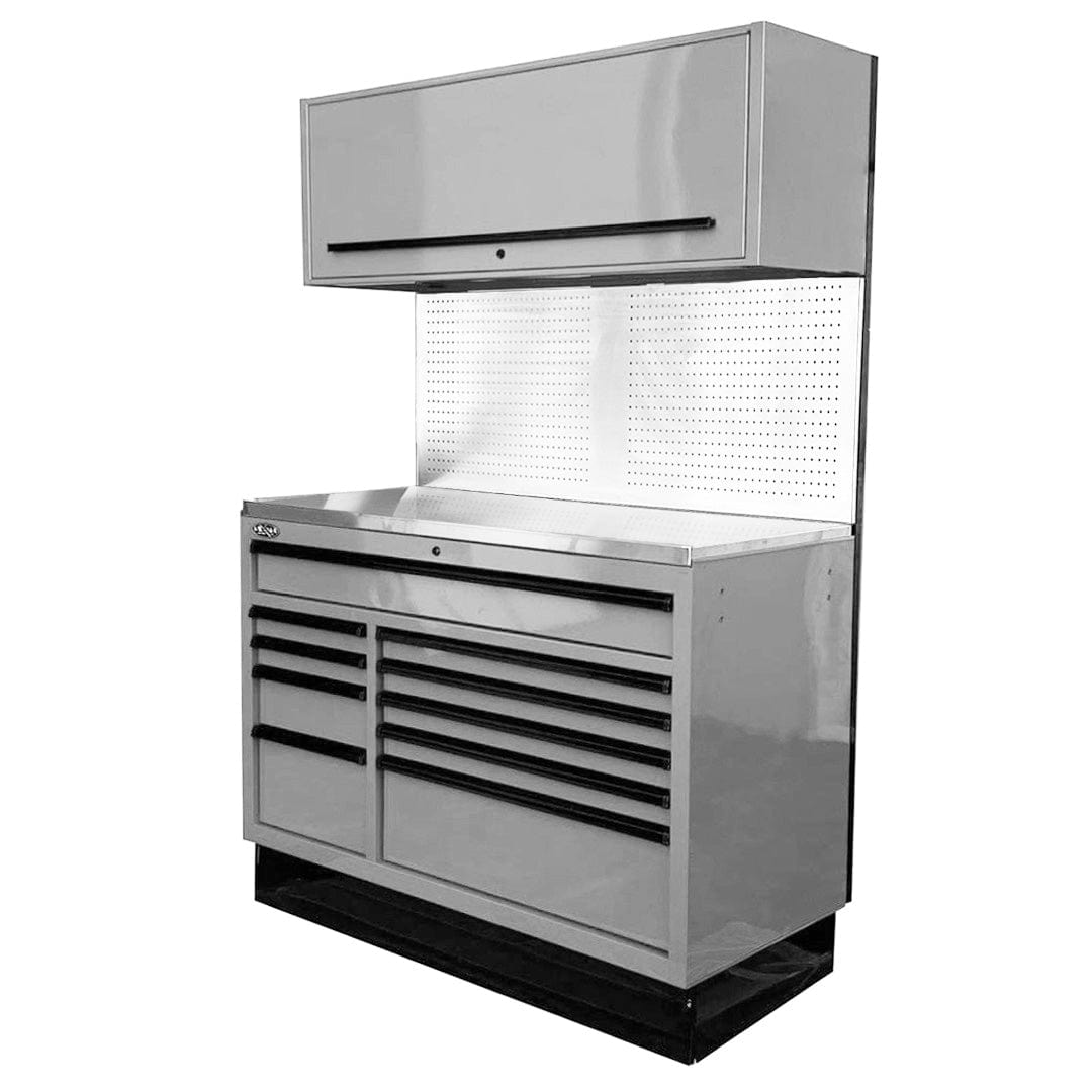 Maxim Pro Series 54” Workstation - 54” Roll cabinet, 54” Top chest, 54” Splashback +/- Stainless Steel Top Peg Board MAXIM 54” Nardo Grey 10 Drawer Workstation Roll Cabinet, Splashback & Top Shelf