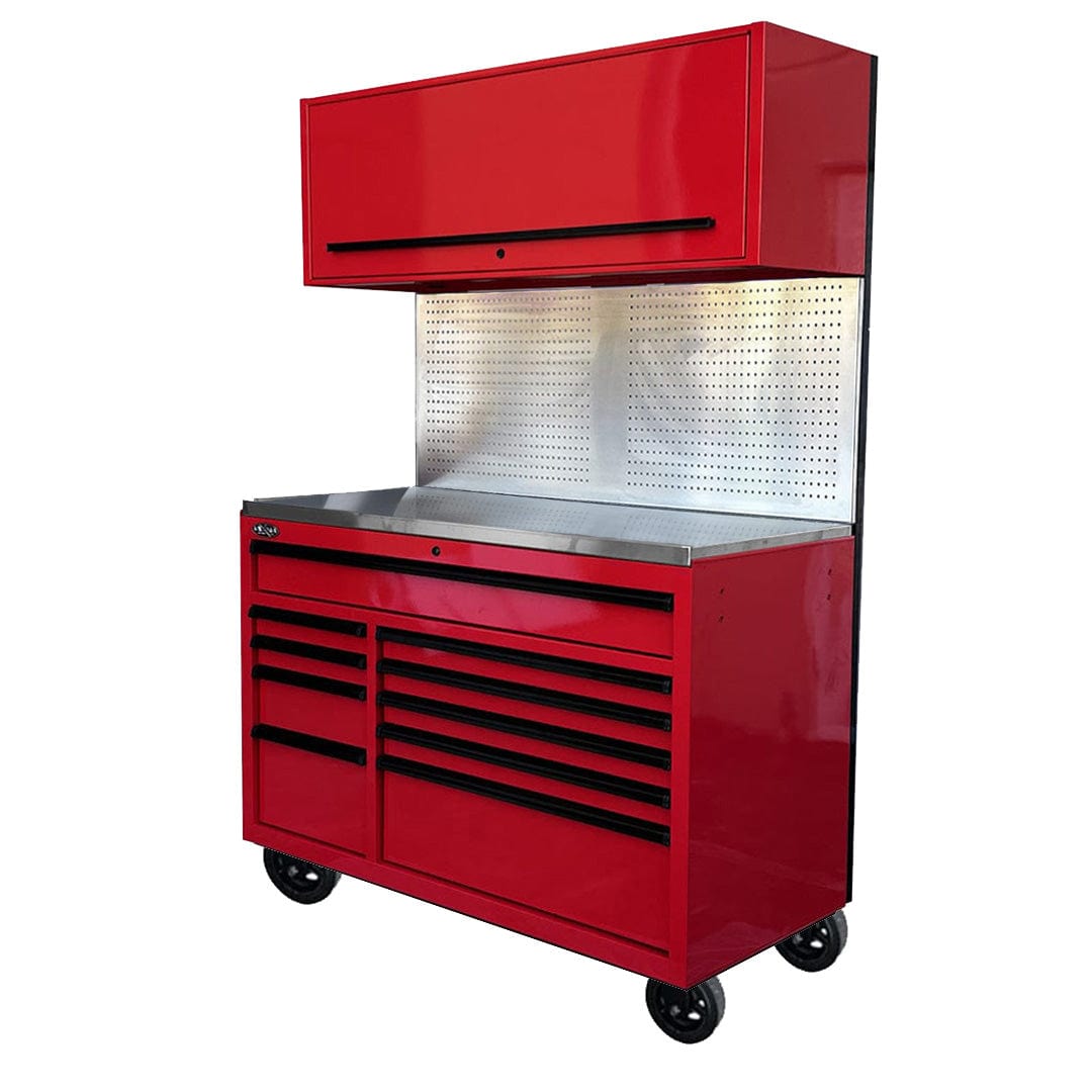 Maxim Pro Series 54” Workstation - 54” Roll cabinet, 54” Top chest, 54” Splashback +/- Stainless Steel Top Peg Board MAXIM 54” Red 10 Drawer Workstation on Wheels