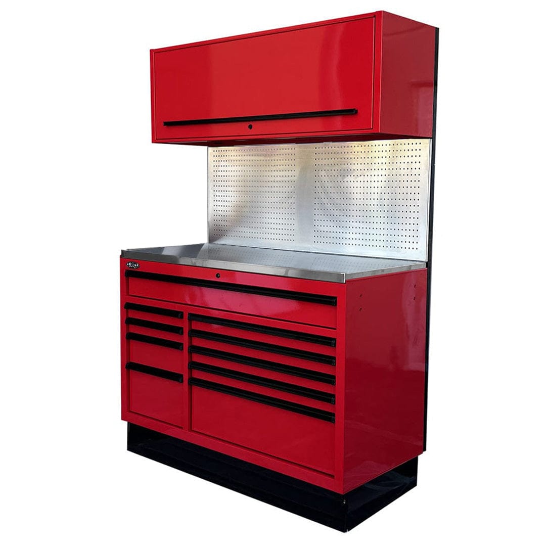Maxim Pro Series 54” Workstation - 54” Roll cabinet, 54” Top chest, 54” Splashback +/- Stainless Steel Top Peg Board MAXIM 54” Red 10 Drawer Workstation Roll Cabinet, Splashback & Top Shelf