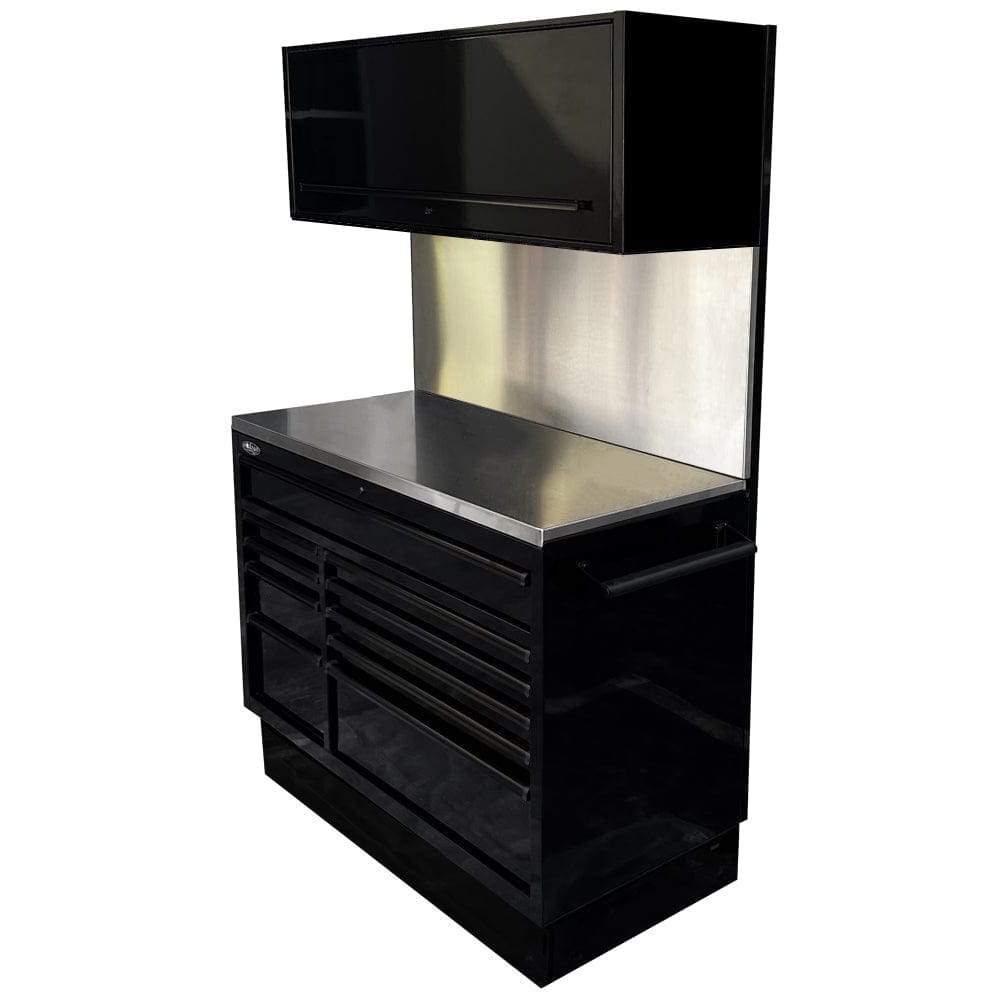 Maxim Pro Series 54” Workstation - 54” Roll cabinet, 54” Top chest, 54” Splashback +/- Stainless Steel Top Solid Board MAXIM 54” Black 10 Drawer Workstation Roll Cabinet, Splashback & Top Shelf