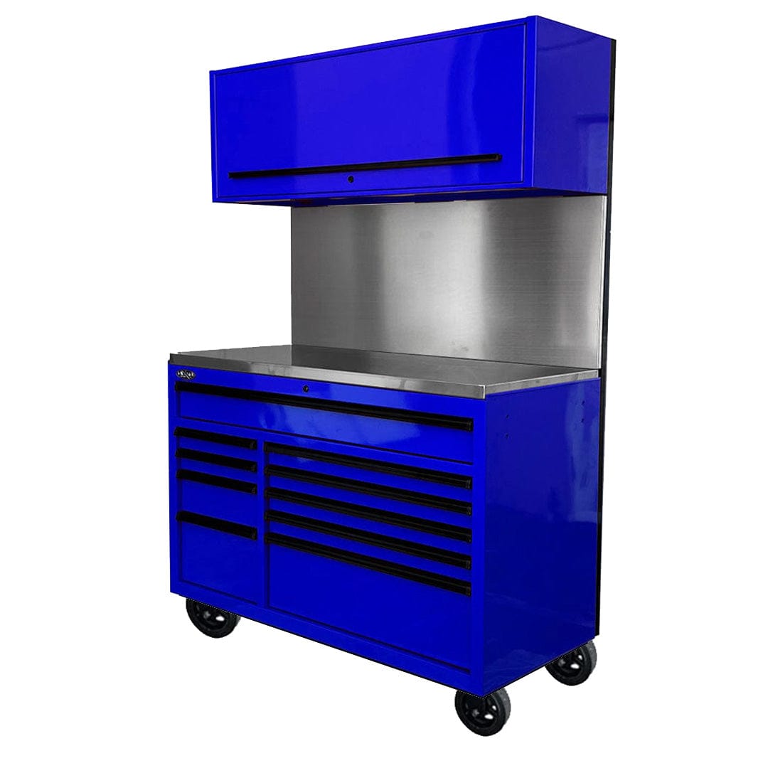 Maxim Pro Series 54” Workstation - 54” Roll cabinet, 54” Top chest, 54” Splashback +/- Stainless Steel Top Solid Board MAXIM 54” Blue 10 Drawer Workstation on Wheels