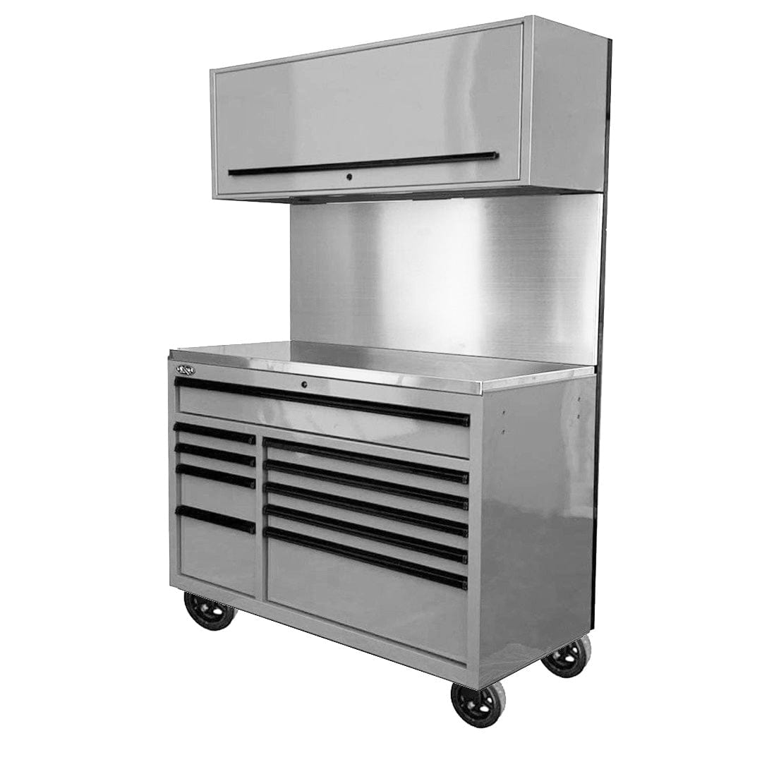 Maxim Pro Series 54” Workstation - 54” Roll cabinet, 54” Top chest, 54” Splashback +/- Stainless Steel Top Solid Board MAXIM 54” Nardo Grey 10 Drawer Workstation on Wheels