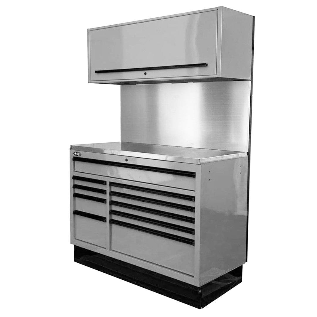 Maxim Pro Series 54” Workstation - 54” Roll cabinet, 54” Top chest, 54” Splashback +/- Stainless Steel Top Solid Board MAXIM 54” Nardo Grey 10 Drawer Workstation Roll Cabinet, Splashback & Top Shelf