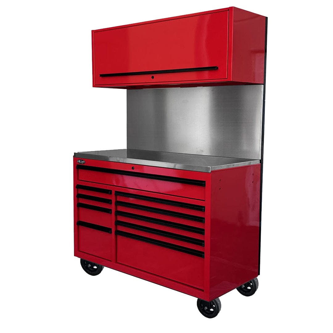 Maxim Pro Series 54” Workstation - 54” Roll cabinet, 54” Top chest, 54” Splashback +/- Stainless Steel Top Solid Board MAXIM 54” Red 10 Drawer Workstation on Wheels