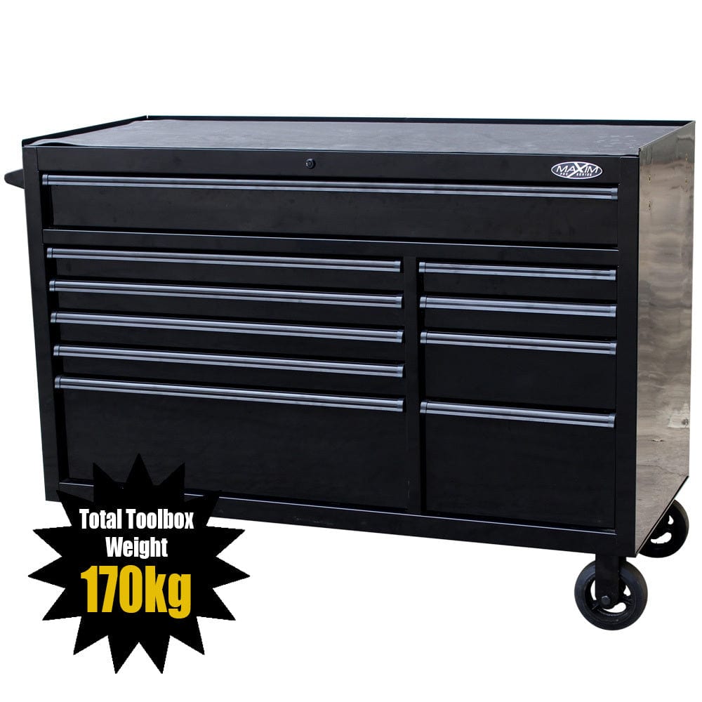 maxim Pro Series 54” Workstation - 54” Roll cabinet +/- Stainless Steel Top MAXIM 54” Black 10 Draw Roll Cabinet Toolbox