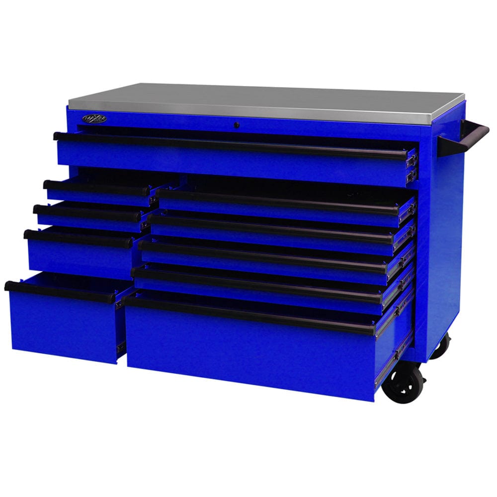 Maxim Pro Series 54” Workstation - 54” Roll cabinet +/- Stainless Steel Top MAXIM 54” Blue 10 Drawers Roll Cabinet Toolbox