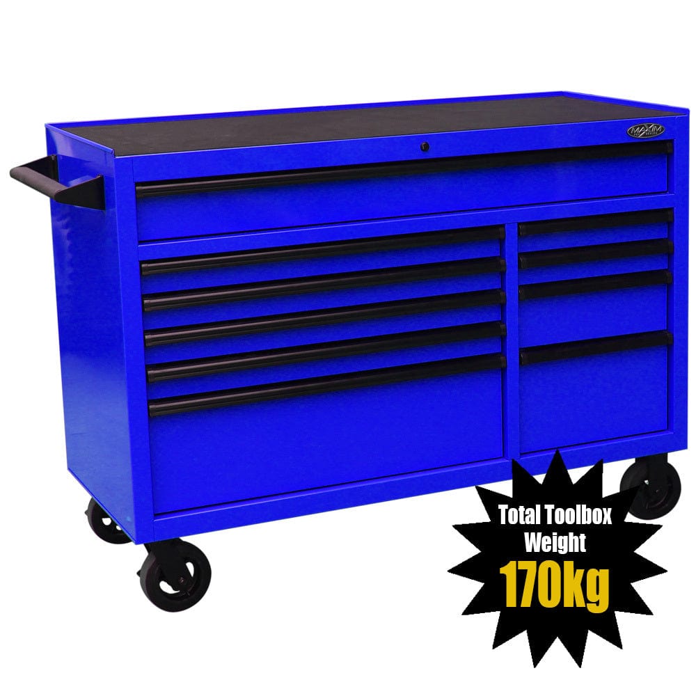 Maxim Pro Series 54” Workstation - 54” Roll cabinet +/- Stainless Steel Top MAXIM 54” Blue 10 Drawers Roll Cabinet Toolbox