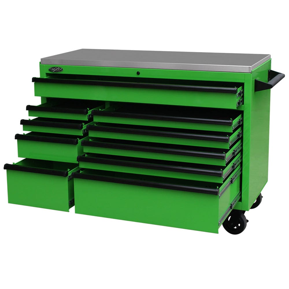 Maxim Pro Series 54” Workstation - 54” Roll cabinet +/- Stainless Steel Top MAXIM 54” Green 10 Drawers Roll Cabinet Toolbox