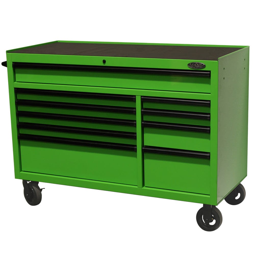Maxim Pro Series 54” Workstation - 54” Roll cabinet +/- Stainless Steel Top MAXIM 54” Green 10 Drawers Roll Cabinet Toolbox