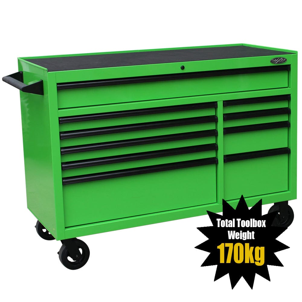 Maxim Pro Series 54” Workstation - 54” Roll cabinet +/- Stainless Steel Top MAXIM 54” Green 10 Drawers Roll Cabinet Toolbox