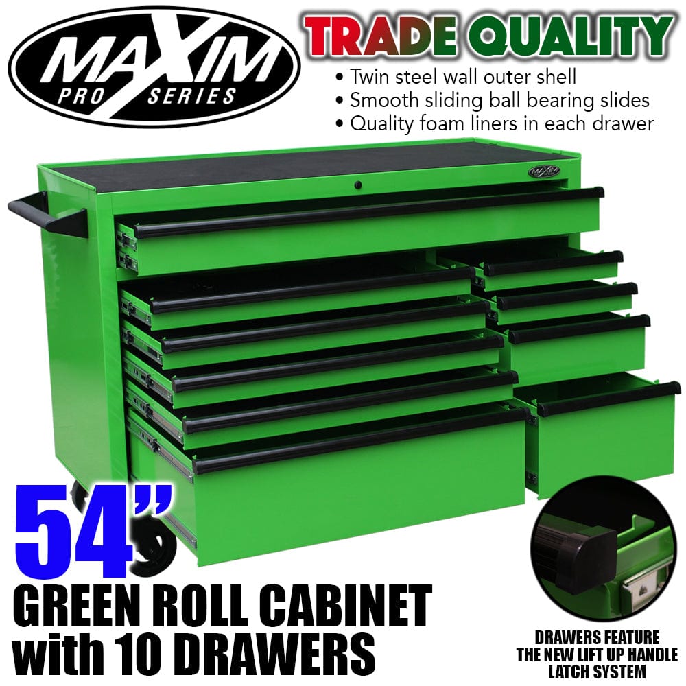 Maxim Pro Series 54” Workstation - 54” Roll cabinet +/- Stainless Steel Top MAXIM 54” Green 10 Drawers Roll Cabinet Toolbox