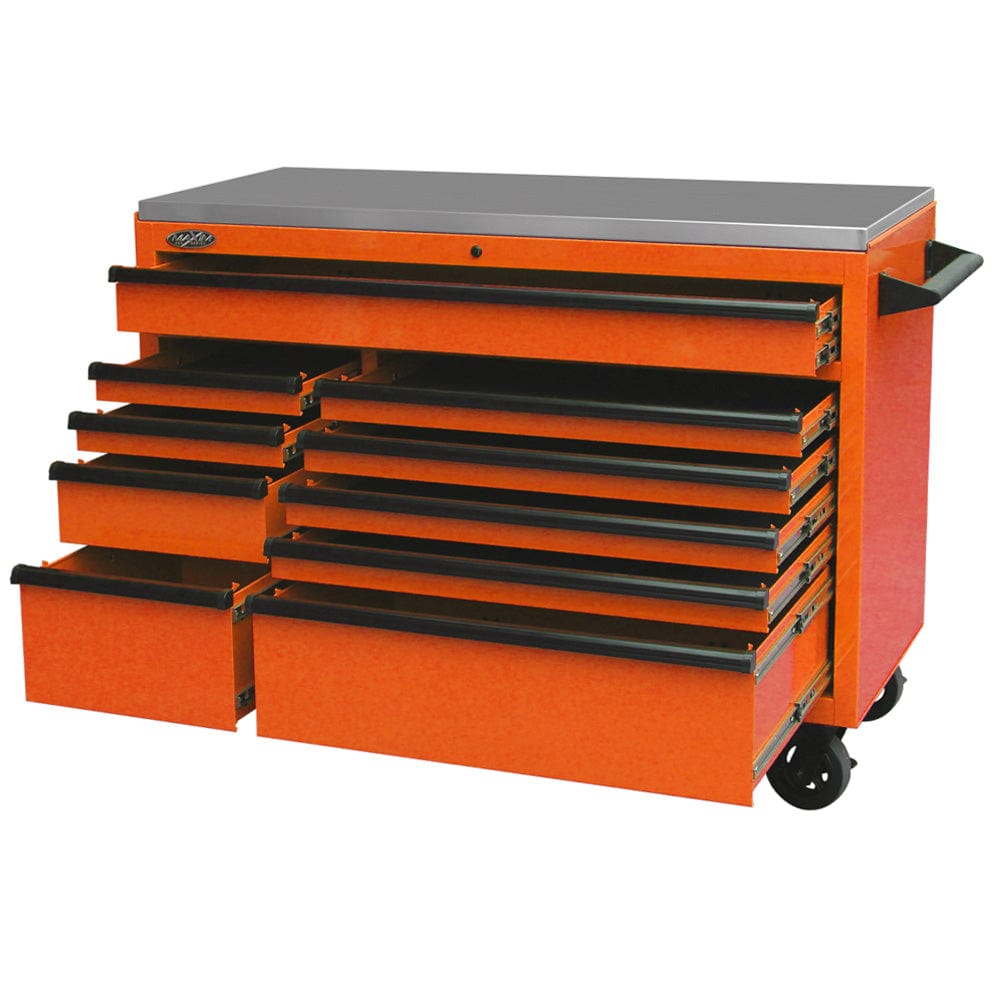 Maxim Pro Series 54” Workstation - 54” Roll cabinet +/- Stainless Steel Top MAXIM 54” Orange 10 Drawers Roll Cabinet Toolbox