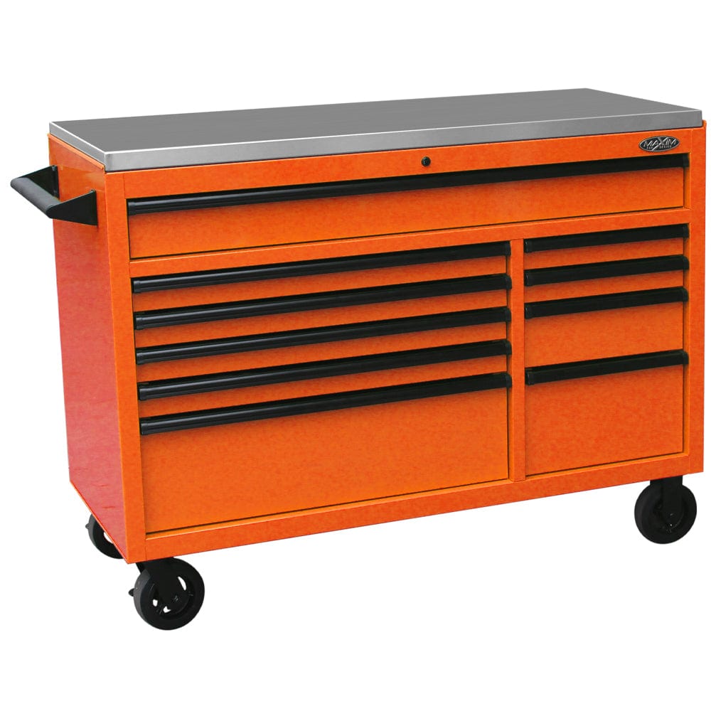 Maxim Pro Series 54” Workstation - 54” Roll cabinet +/- Stainless Steel Top MAXIM 54” Orange 10 Drawers Roll Cabinet Toolbox