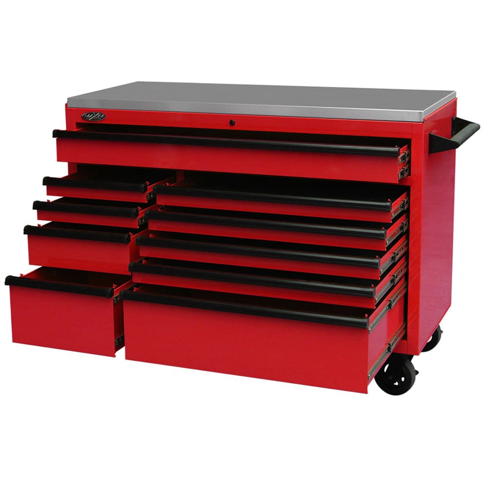 Maxim Pro Series 54” Workstation - 54” Roll cabinet +/- Stainless Steel Top MAXIM 54” Red 10 Drawers Roll Cabinet Toolbox