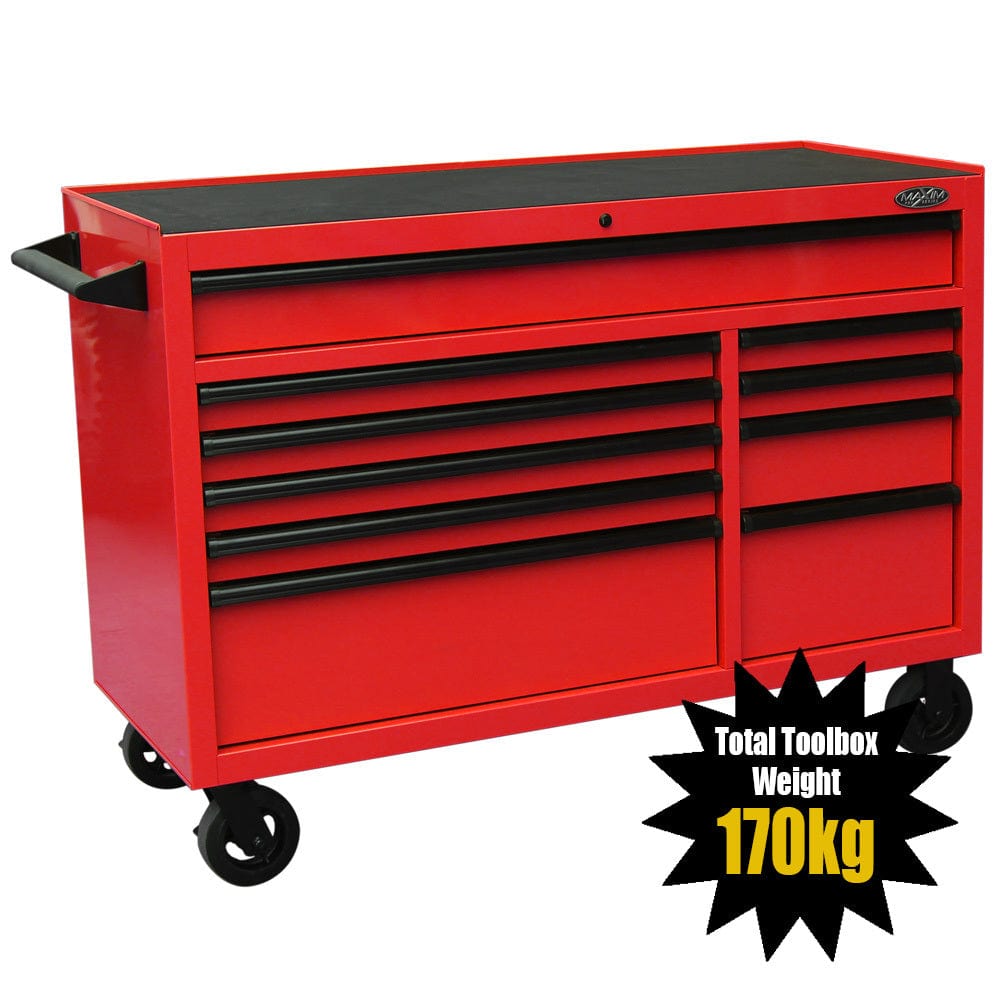 Maxim Pro Series 54” Workstation - 54” Roll cabinet +/- Stainless Steel Top MAXIM 54” Red 10 Drawers Roll Cabinet Toolbox