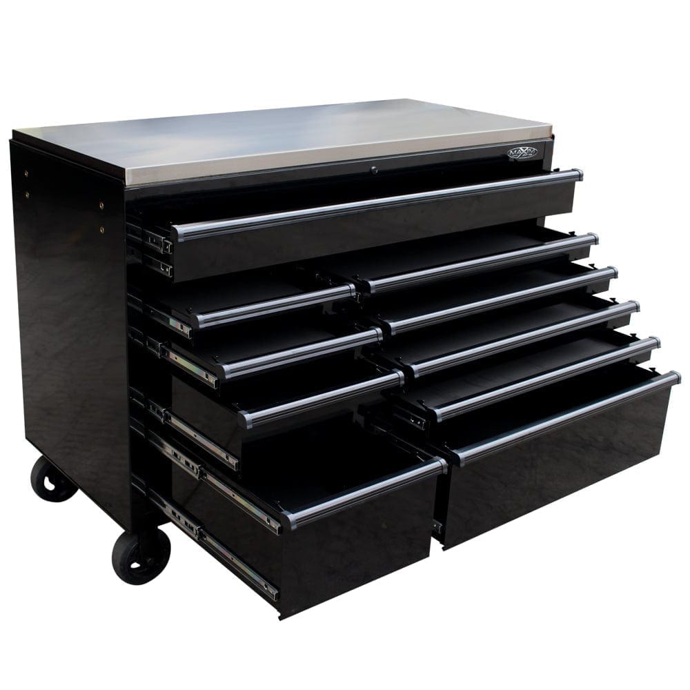 maxim Pro Series 54” Workstation - 54” Roll cabinet +/- Stainless Steel Top Stainless Steel Top MAXIM 54” Black 10 Draw Roll Cabinet Toolbox