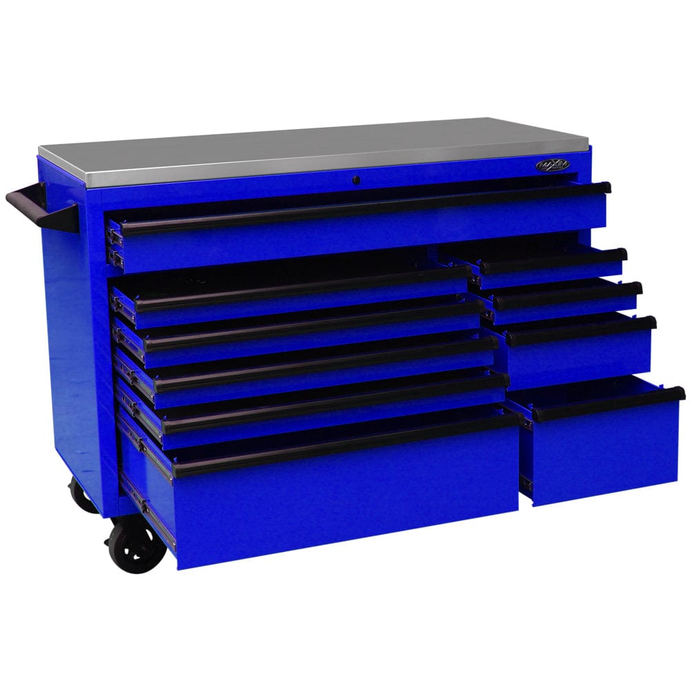 Maxim Pro Series 54” Workstation - 54” Roll cabinet +/- Stainless Steel Top Stainless Steel Top MAXIM 54” Blue 10 Drawers Roll Cabinet Toolbox