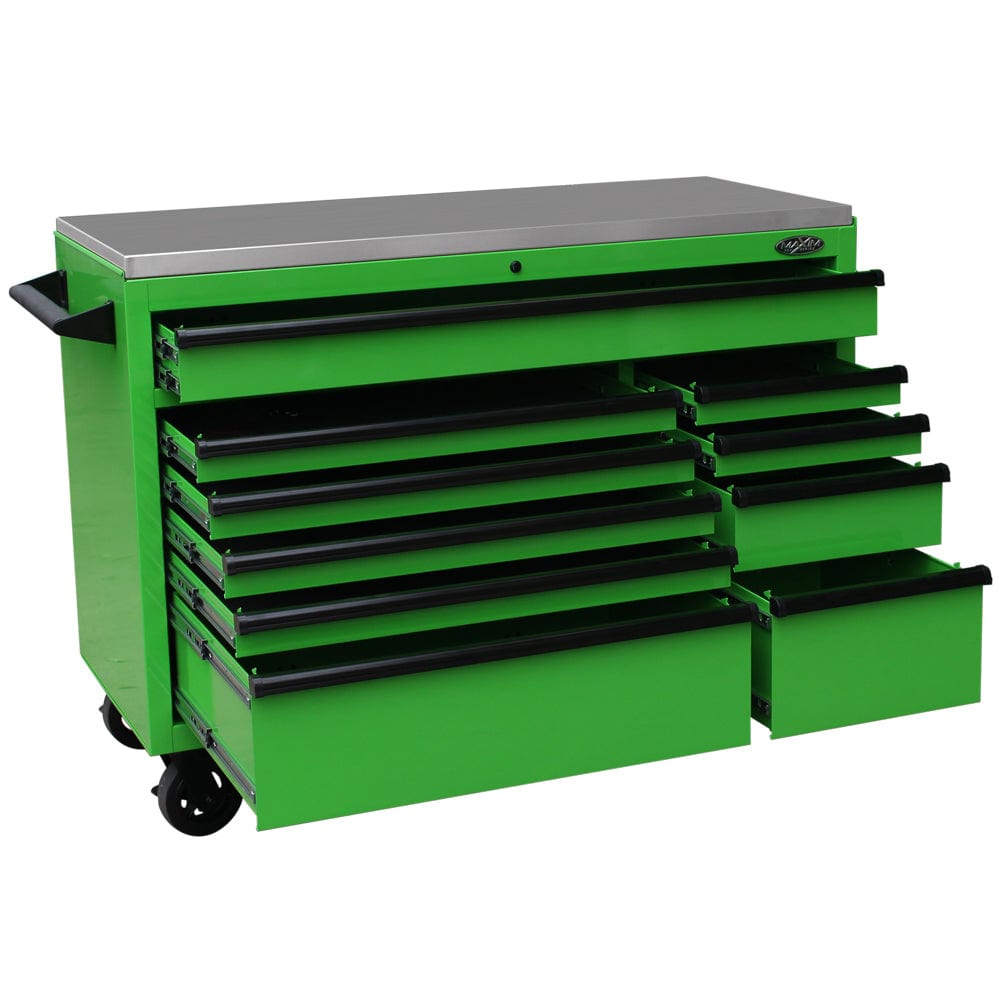 Maxim Pro Series 54” Workstation - 54” Roll cabinet +/- Stainless Steel Top Stainless Steel Top MAXIM 54” Green 10 Drawers Roll Cabinet Toolbox