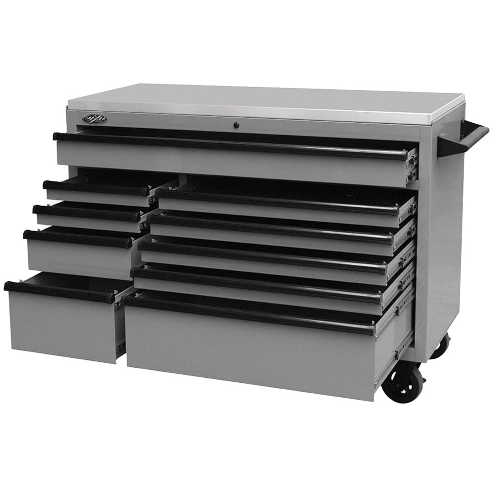 Maxim Pro Series 54” Workstation - 54” Roll cabinet +/- Stainless Steel Top Stainless Steel Top MAXIM 54” Nardo Grey 10 Draw Roll Cabinet Toolbox