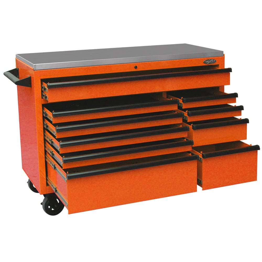 Maxim Pro Series 54” Workstation - 54” Roll cabinet +/- Stainless Steel Top Stainless Steel Top MAXIM 54” Orange 10 Drawers Roll Cabinet Toolbox