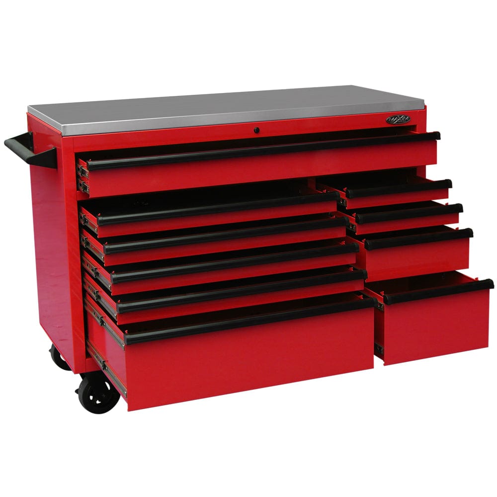 Maxim Pro Series 54” Workstation - 54” Roll cabinet +/- Stainless Steel Top Stainless Steel Top MAXIM 54” Red 10 Drawers Roll Cabinet Toolbox