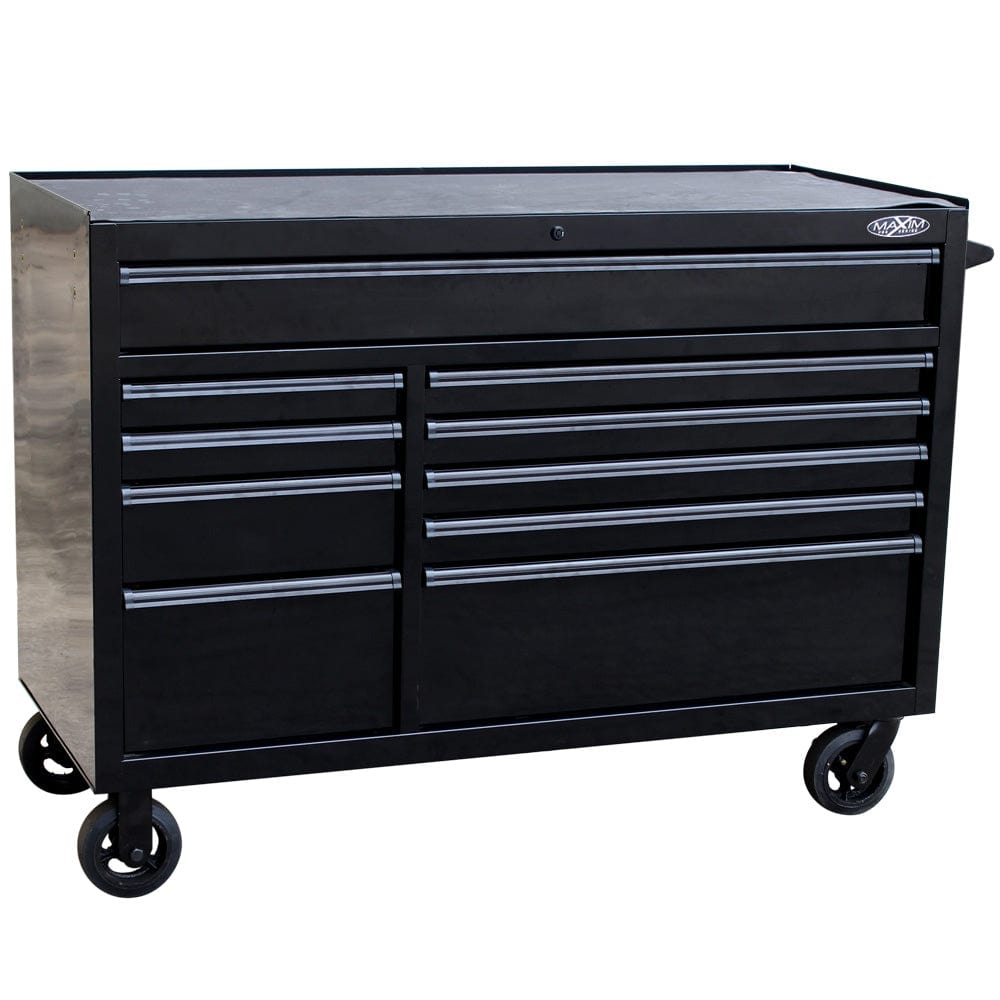 maxim Pro Series 54” Workstation - 54” Roll cabinet +/- Stainless Steel Top Standard Top MAXIM 54” Black 10 Draw Roll Cabinet Toolbox