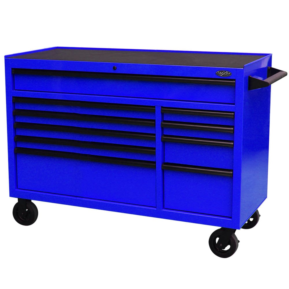 Maxim Pro Series 54” Workstation - 54” Roll cabinet +/- Stainless Steel Top Standard Top MAXIM 54” Blue 10 Drawers Roll Cabinet Toolbox