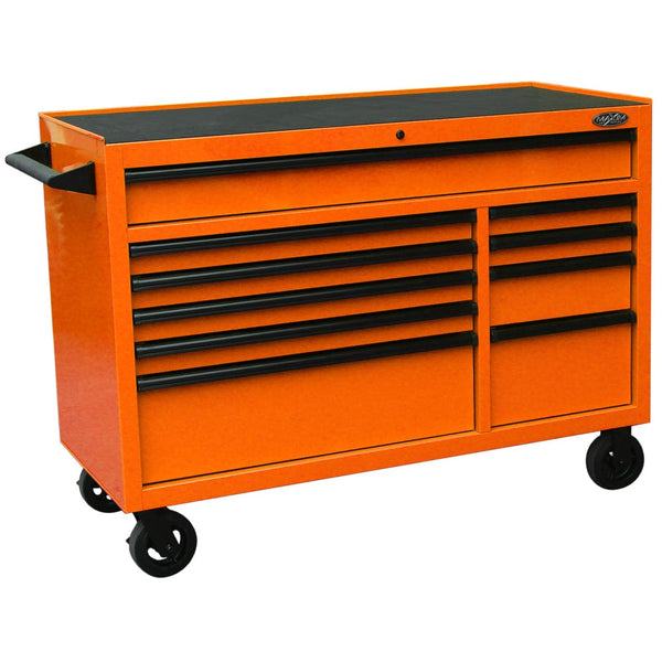 Maxim Pro Series 54” Workstation - 54” Roll cabinet +/- Stainless Steel Top Standard Top MAXIM 54” Orange 10 Drawers Roll Cabinet Toolbox