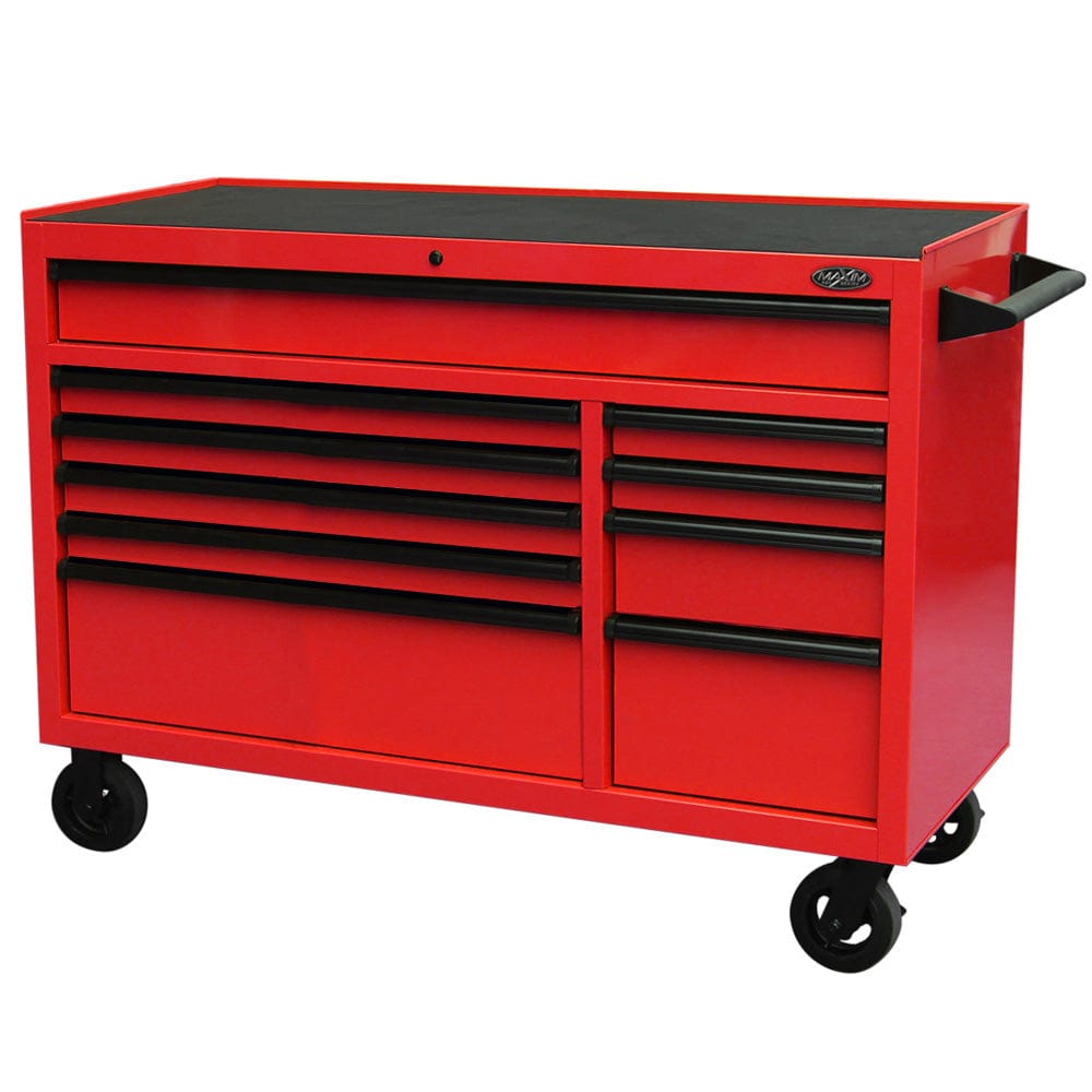 Maxim Pro Series 54” Workstation - 54” Roll cabinet +/- Stainless Steel Top Standard Top MAXIM 54” Red 10 Drawers Roll Cabinet Toolbox