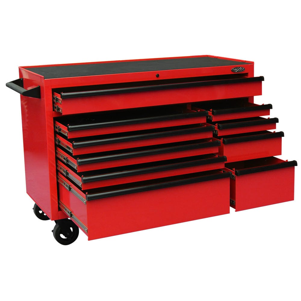 Maxim Pro Series 54” Workstation - 54” Roll cabinet +/- Stainless Steel Top Standard Top MAXIM 54” Red 10 Drawers Roll Cabinet Toolbox