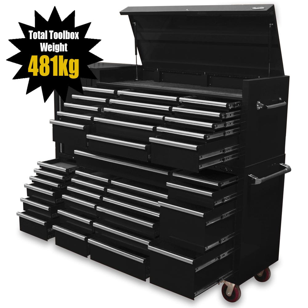 Maxim Pro Series 60” Combo - 60” Roll cabinet, 60” Top chest, 20” Side locker MAXIM 80” Black 38 Drawers Top Chest & Roll Cabinet Toolbox - Latch Lock on Drawers