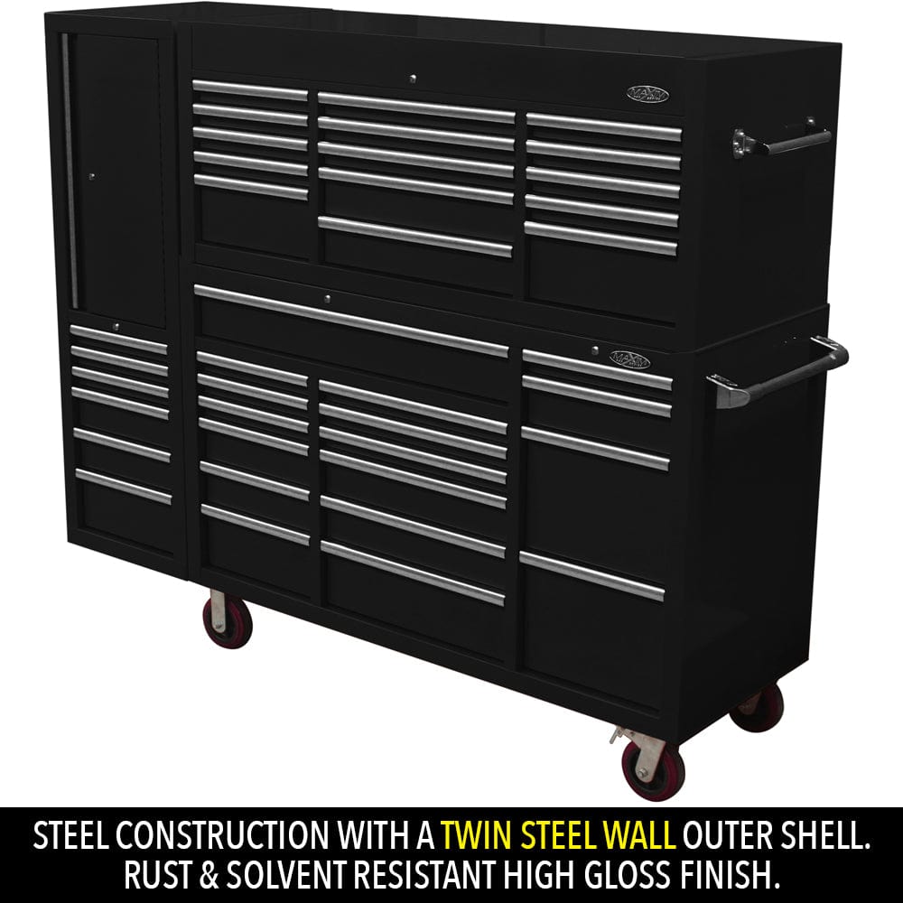 Maxim Pro Series 60” Combo - 60” Roll cabinet, 60” Top chest, 20” Side locker MAXIM 80” Black 38 Drawers Top Chest & Roll Cabinet Toolbox - Latch Lock on Drawers