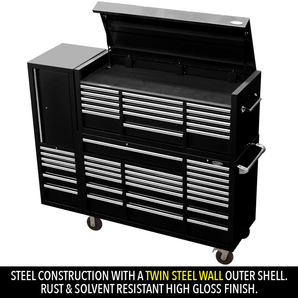 Maxim Pro Series 60” Combo - 60” Roll cabinet, 60” Top chest, 20” Side locker MAXIM 80” Black 43 Drawer Top Chest & Roll Cabinet Toolbox - Slide Lock on Drawers