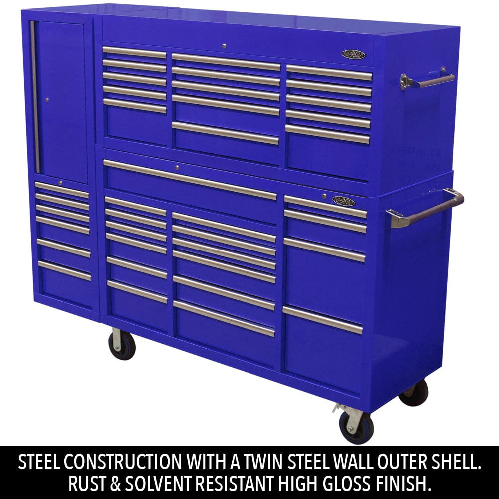 Maxim Pro Series 60” Combo - 60” Roll cabinet, 60” Top chest, 20” Side locker MAXIM 80” Blue 38 Drawer Top Chest & Roll Cabinet Toolbox - Latch Lock on Drawers