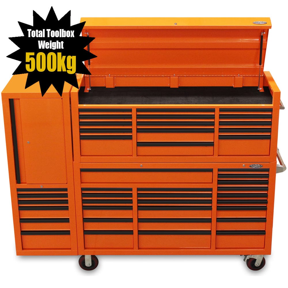 Maxim Pro Series 60” Combo - 60” Roll cabinet, 60” Top chest, 20” Side locker MAXIM 80” Orange 43 Drawer Top Chest & Roll Cabinet Toolbox - Latch Lock on Drawers