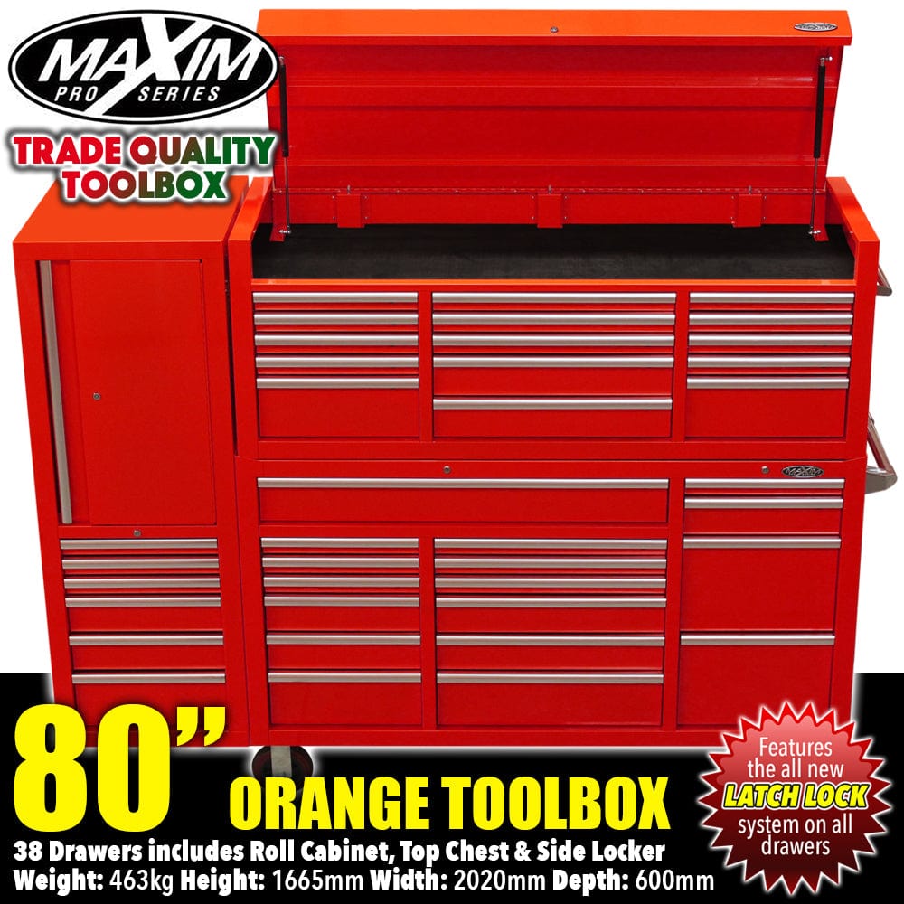 Maxim Pro Series 60” Combo - 60” Roll cabinet, 60” Top chest, 20” Side locker MAXIM 80” Red 38 Drawer Top Chest & Roll Cabinet Toolbox - Latch Lock on Drawers