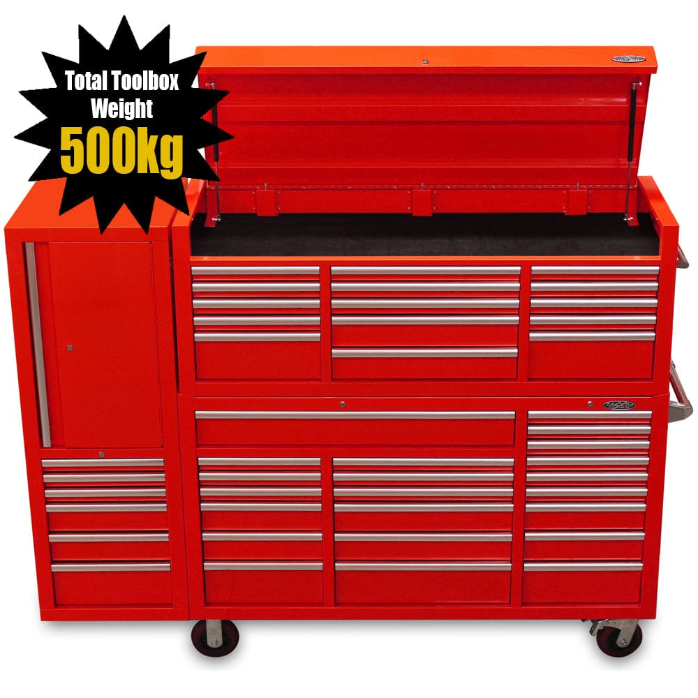 Maxim Pro Series 60” Combo - 60” Roll cabinet, 60” Top chest, 20” Side locker MAXIM 80” Red 43 Drawer Top Chest & Roll Cabinet Toolbox - Slide Lock on Drawers