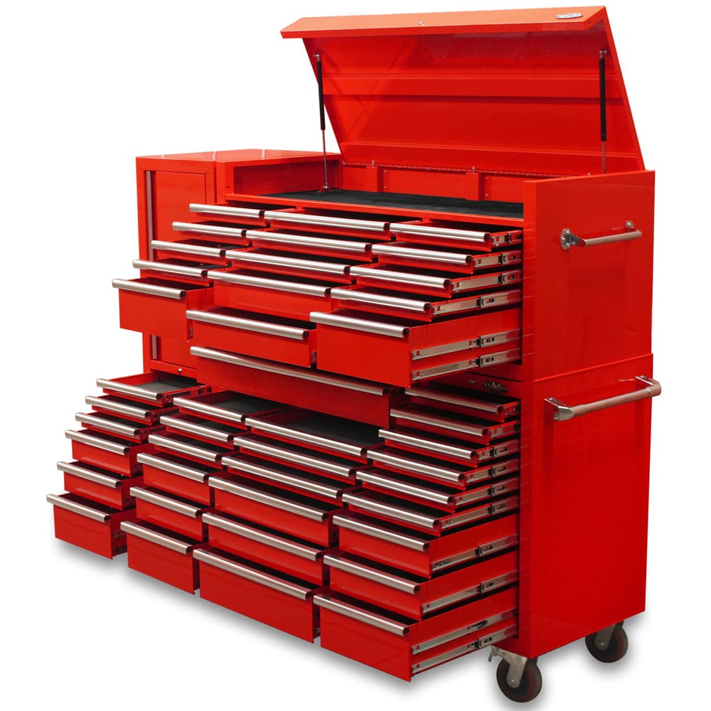 Maxim Pro Series 60” Combo - 60” Roll cabinet, 60” Top chest, 20” Side locker MAXIM 80” Red 43 Drawer Top Chest & Roll Cabinet Toolbox - Slide Lock on Drawers