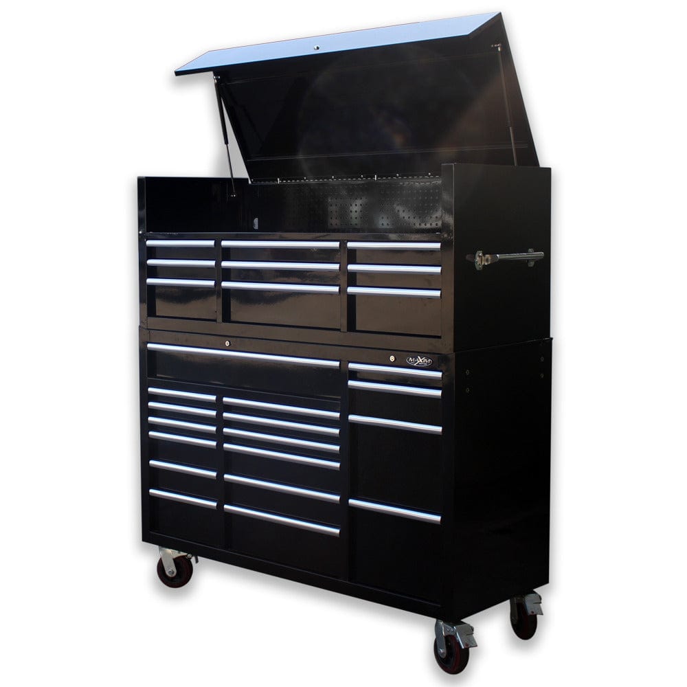 Maxim Pro Series 60” Combo - 60” Roll cabinet, 60” Top chest MAXIM 60” Black 26 Drawer Top Hutch Chest Roll Cabinet Toolbox - Latch Lock on Drawers