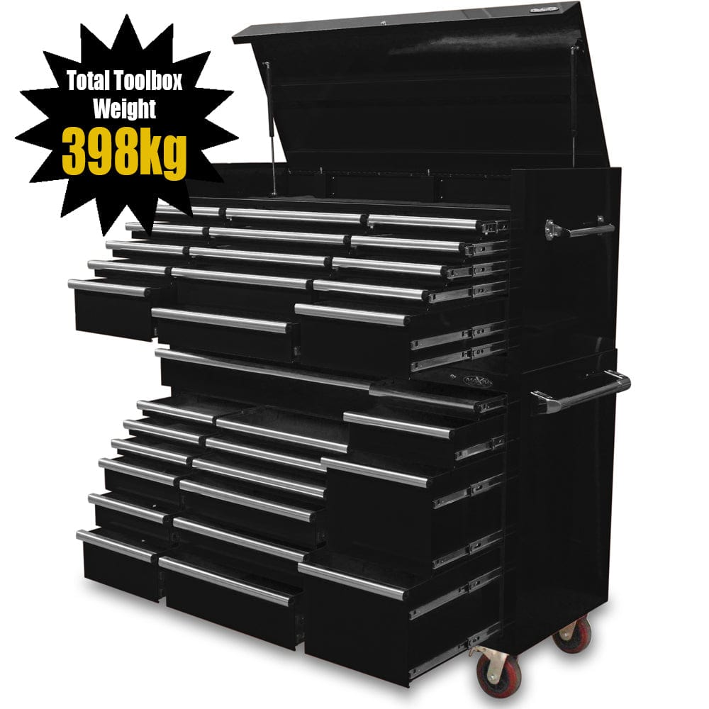 Maxim Pro Series 60” Combo - 60” Roll cabinet, 60” Top chest MAXIM 60” Black 32 Drawer Combo Top Chest & Roll Cabinet Toolbox - Latch Lock on Drawers