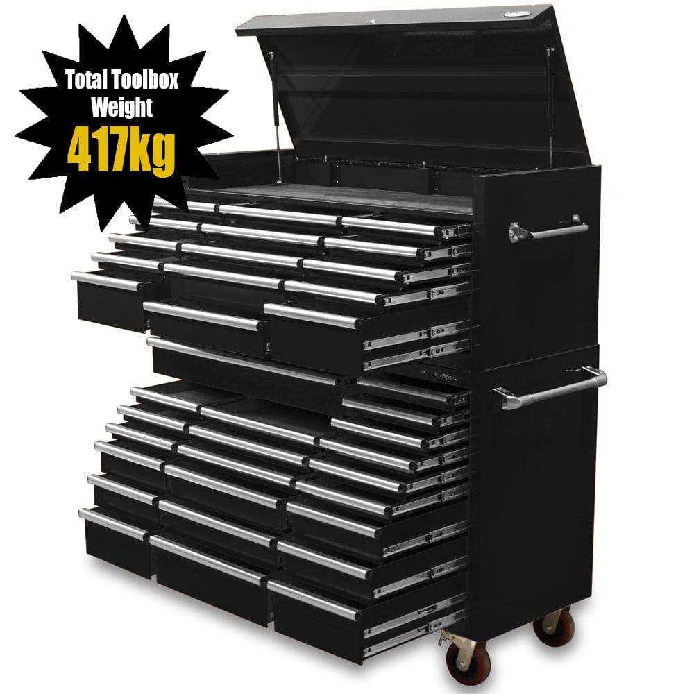 Maxim Pro Series 60” Combo - 60” Roll cabinet, 60” Top chest MAXIM 60” Black 37 Drawer Top Chest Roll Cabinet Workshop Toolbox - Slide Lock on Drawers