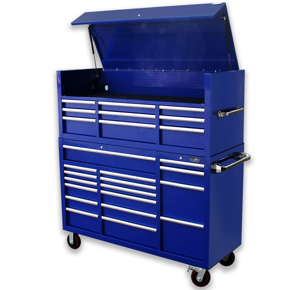 Maxim Pro Series 60” Combo - 60” Roll cabinet, 60” Top chest MAXIM 60” Blue 26 Drawer Top Hutch Chest Roll Cabinet Toolbox - Latch Lock on Drawers